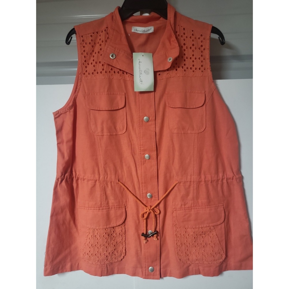 Keren Hart‎ Coral Cotton Linen Eyelet Snap Front Vest Size XL